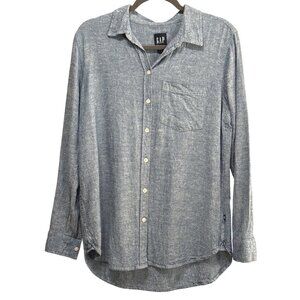 Gap Womens Medium Blue Button-Up Linen Blend Shirt Front Pocket & Long Sleeves
